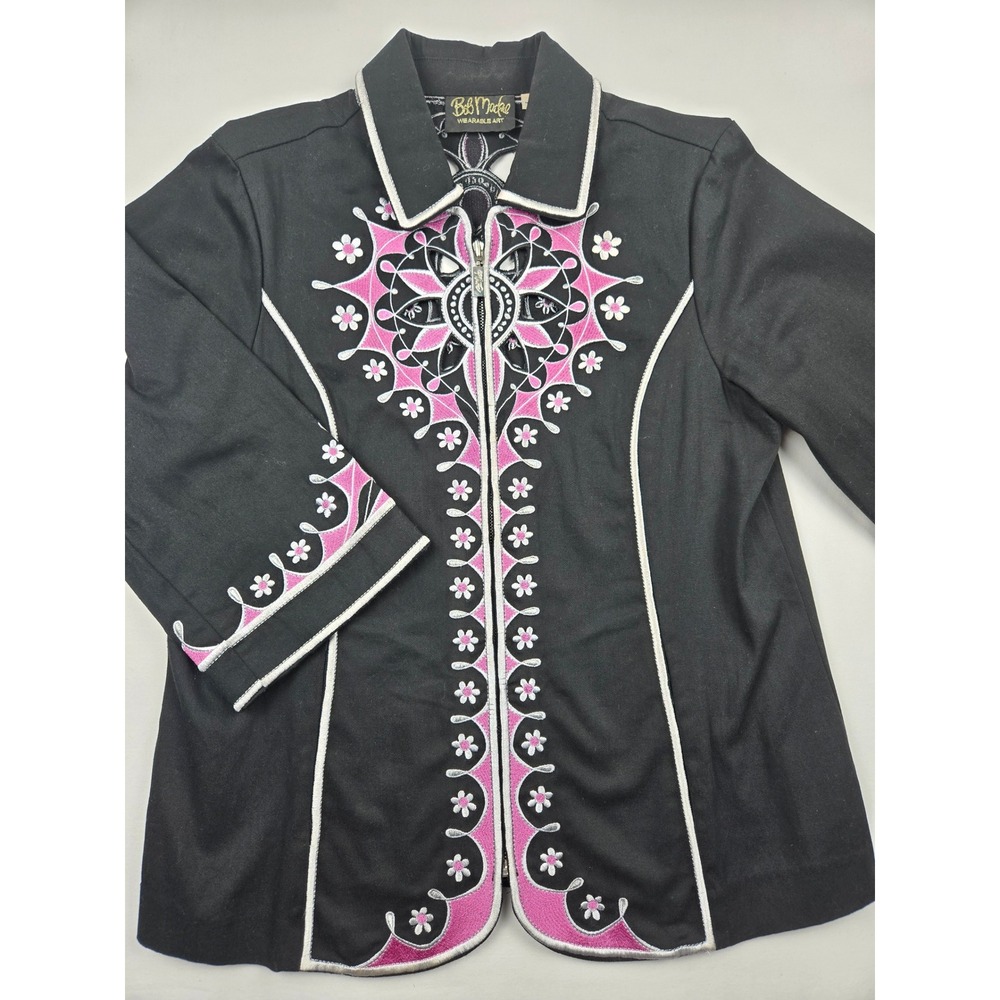 Bob Mackie Wearable Art Jacket Womens S Black‎ Pink Embroidered Zip Western Y2K